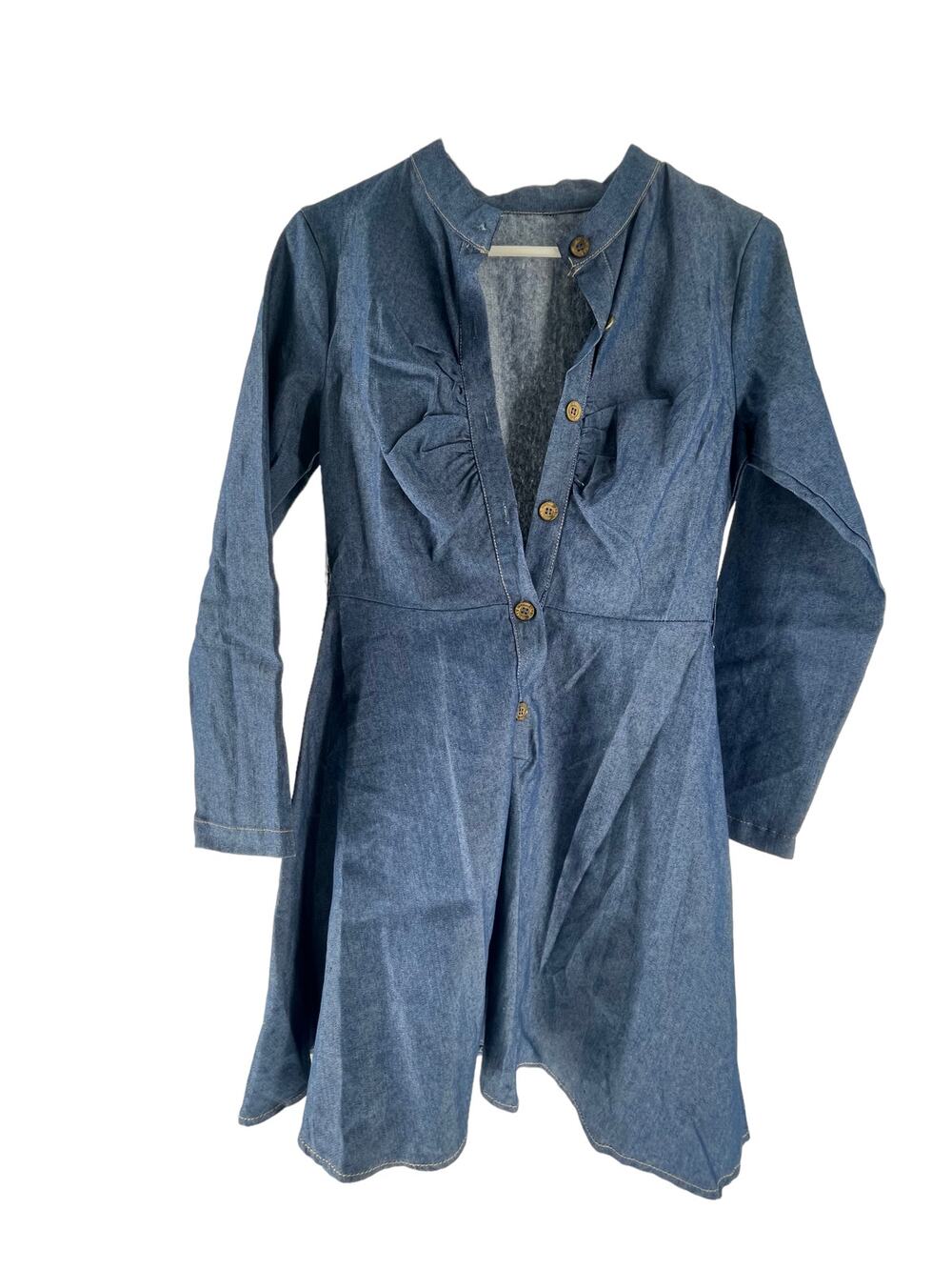 Blue Chambray Denim Long Sleeve Half Button Popover A-Line Mini Dress Women's
